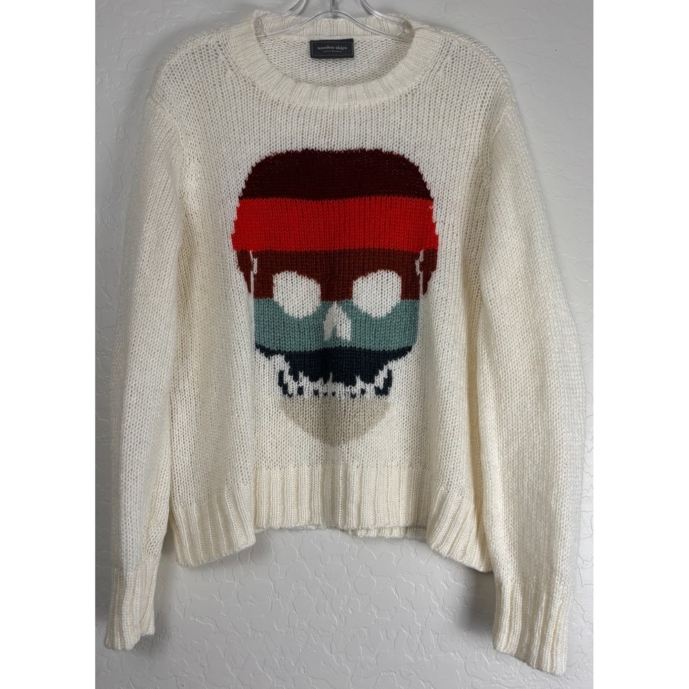 Wooden Ships Skull Knit Sweater Ivory Mohair Wool Blend Crewneck Womens S/M 2106